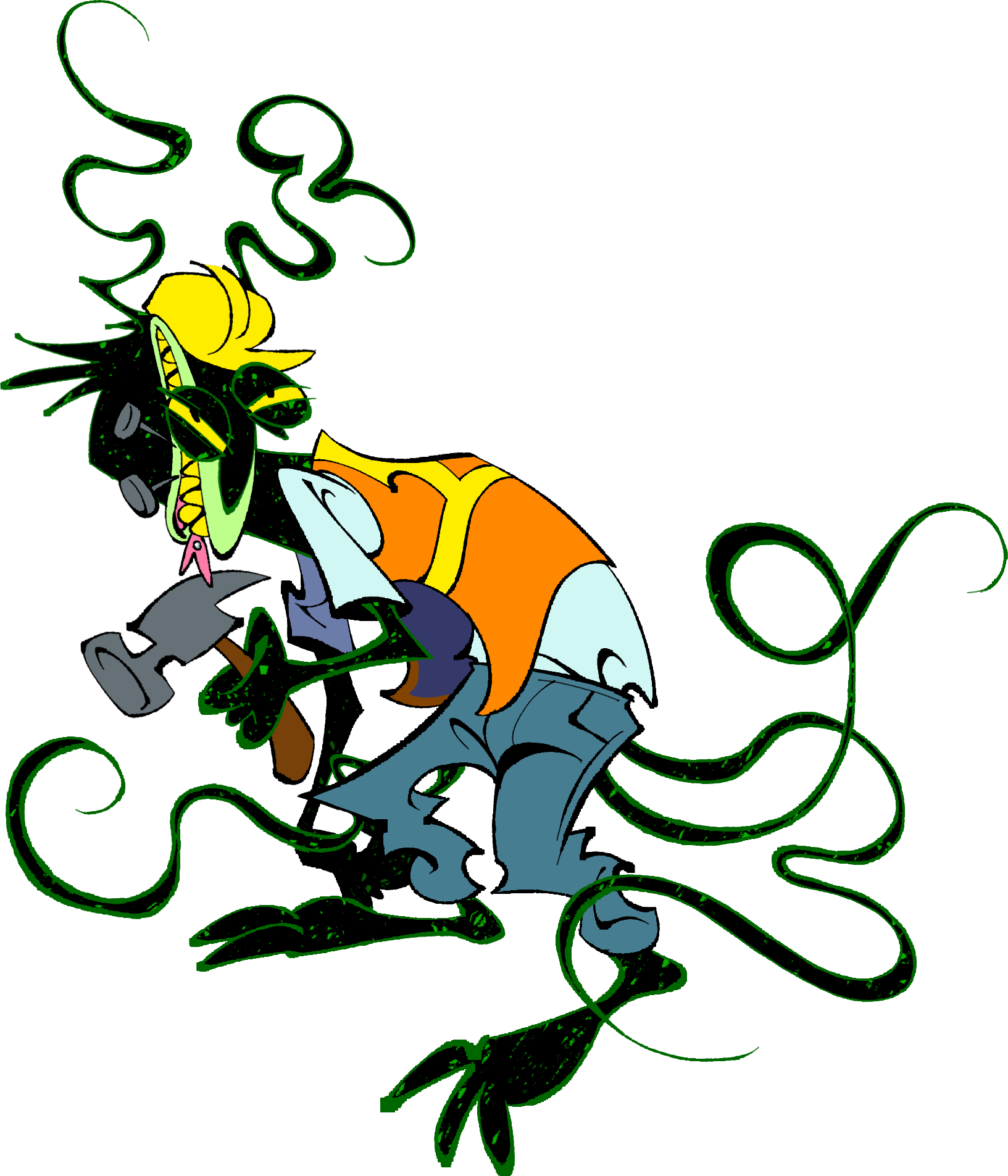 an anthropomorphic hydra dressed in a construction worker's uniform, holding a hammer and looking irritated.